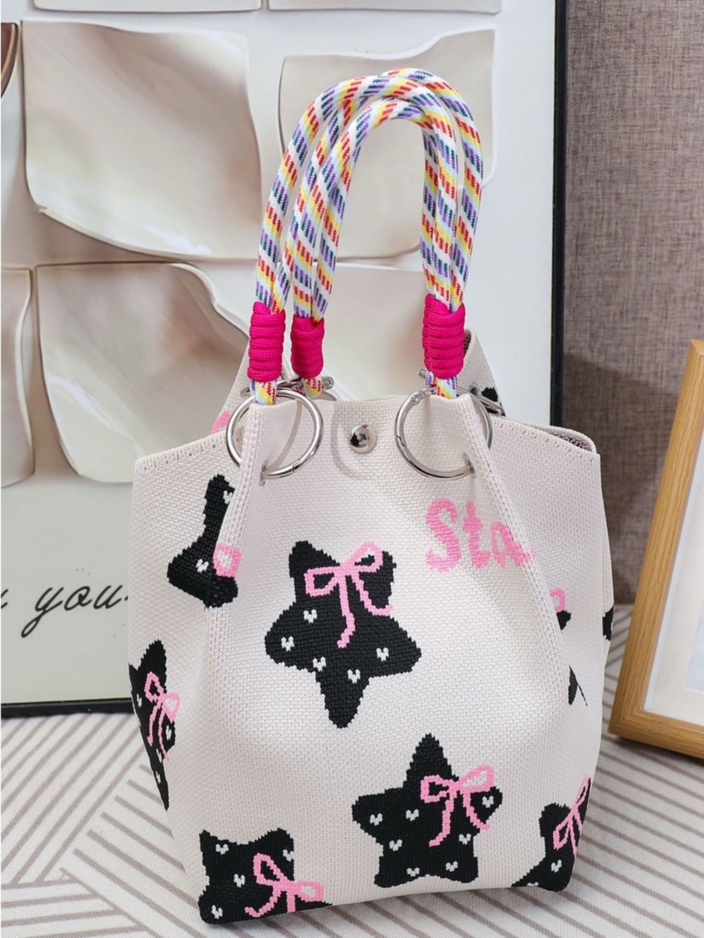 Zenana Outfitters Cream Tote with Black Star Motifs and Pink Accents
